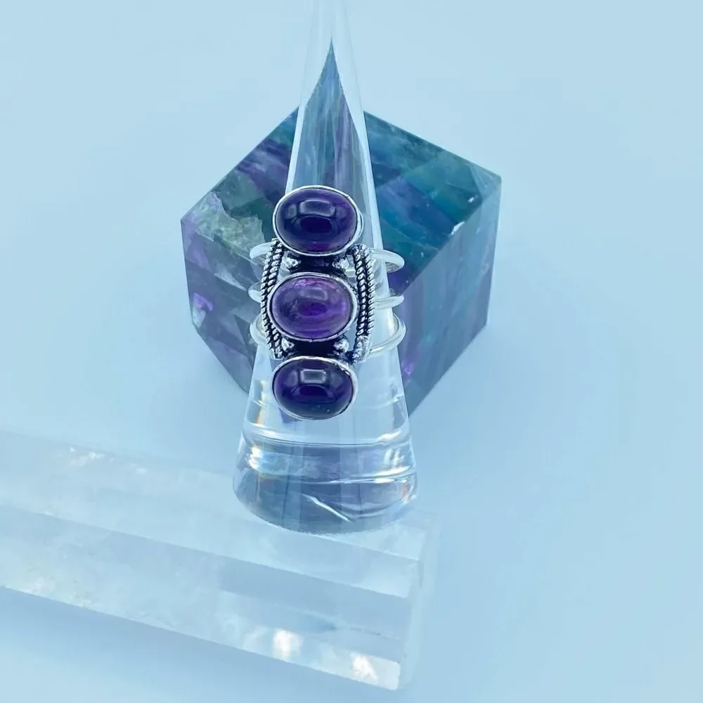 Amethyst Gemstone Sterling Silver Boho Ring Size 7.5